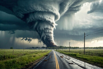 a powerful tornado races across the landscape, past a road and sucks up everything