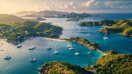 A serene bay dotted with sailing yachts and anchored boats, surrounded by emerald hillsides and pristine beaches.