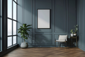 Empty vertical frame for wall art mockups. Modern living room with chair, plants and dark sage green wall.
