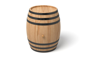 Classic wooden barrel upright view on white