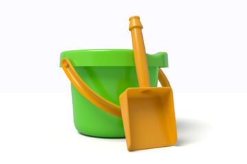 Green beach bucket with yellow handle and shovel