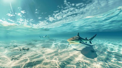 A serene underwater scene with a lone diver peacefully observing a curious lemon shark.