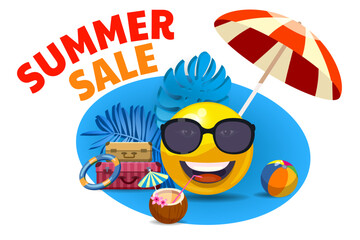 Summer sale poster Sun cartoon in sunglasses under beach umbrella