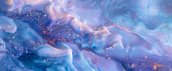 Enchanting periwinkle marble ink drifts gracefully through a dreamy abstract canvas, illuminated by delicate glitters in hues of blue and violet.