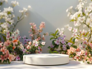 Fototapeta premium Podium mockup, Spring Flower Garden Podium Background, 3rd Render