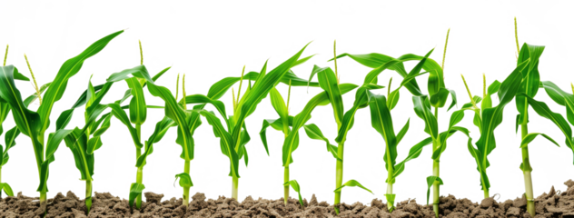 Green cornfield with field ripe corn, on white background