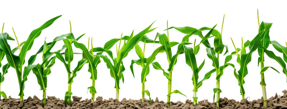 Green cornfield with field ripe corn, on white background