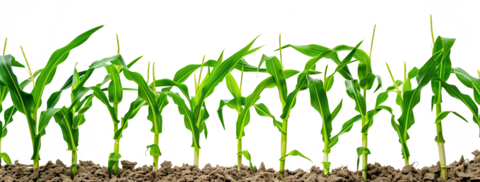 Green cornfield with field ripe corn, on white background