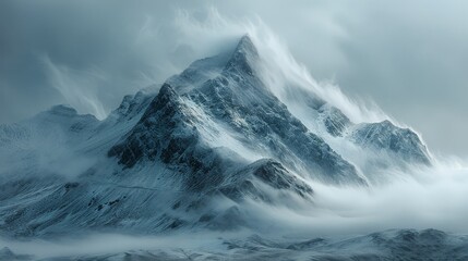 Towering Mountain Enshrouded in Clouds