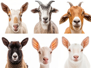 Naklejka premium collage of goat, portrait of different caucasian happy animal in casual style and different age on white background