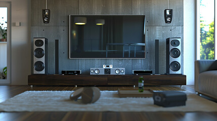 A sleek entertainment center housing a large screen TV and surround sound speakers.