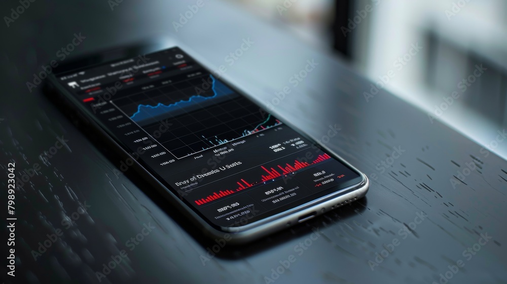 Fototapete A smartphone displaying a mobile stock trading app with dynamic graphs and real-time market updates.