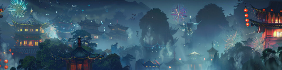 The banner. Chinese architecture with golden roofs, mountains, fog, cranes, fireworks, twilight rays.