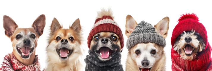 portrait of a group of happy dogs wearing winter clothes on white background