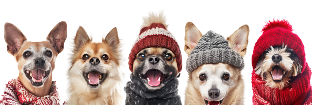 portrait of a group of happy dogs wearing winter clothes on white background