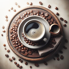 Cup of coffee with beans seen from above