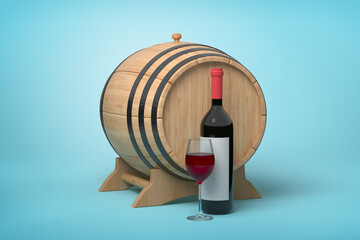 Wine barrel and bottle on blue background
