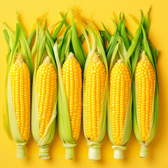 Fresh corn ears with leaves set isolated on yellow background 