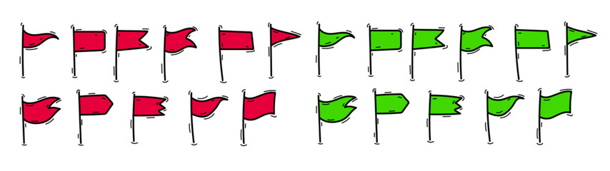 Doodle red and green waving flag icon. Vector green flag and red flag. A set of flags of different shapes. Vector hand drawn flag illustration in doodle style