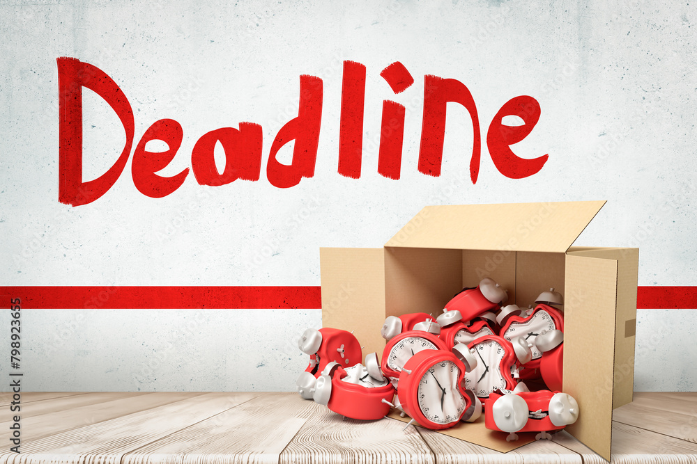Poster 3d rendering of damaged red alarm clocks in a cardboard box