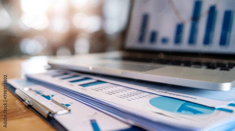 Aufkleber A stack of financial documents and reports next to a laptop displaying a bar graph, symbolizing financial analysis and reporting.