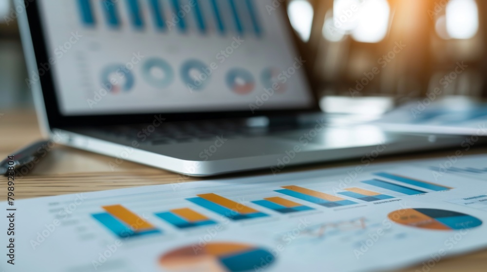 Poster a stack of financial documents and reports next to a laptop displaying a bar graph, symbolizing fina