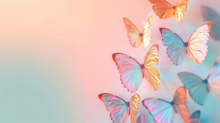 Holographic butterflies on a colorful pastel background