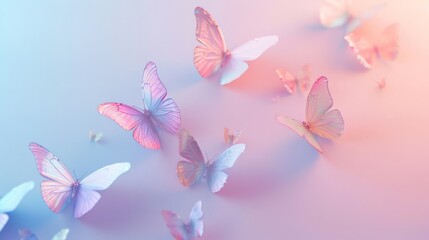 Holographic butterflies on a colorful pastel background