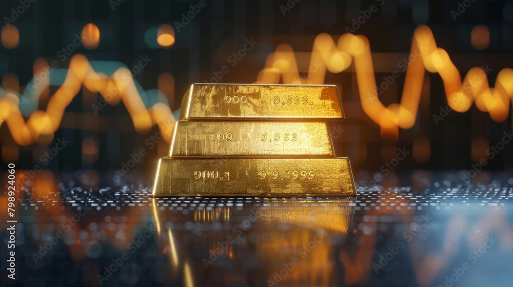 Poster a stack of gold bars against a backdrop of historical gold price graphs, symbolizing wealth and inve