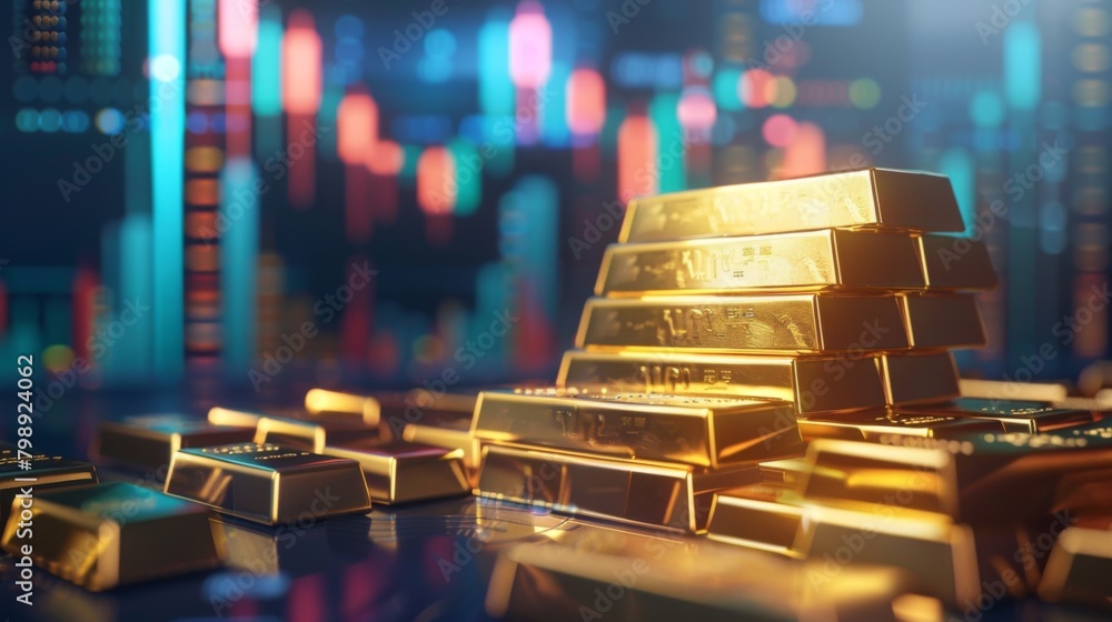 Aufkleber a stack of gold bars against a backdrop of historical gold price graphs, symbolizing wealth and inve
