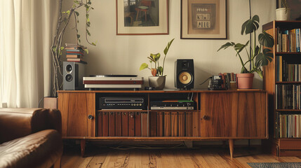 A vintage record player and vinyl collection displayed on a retro media console.