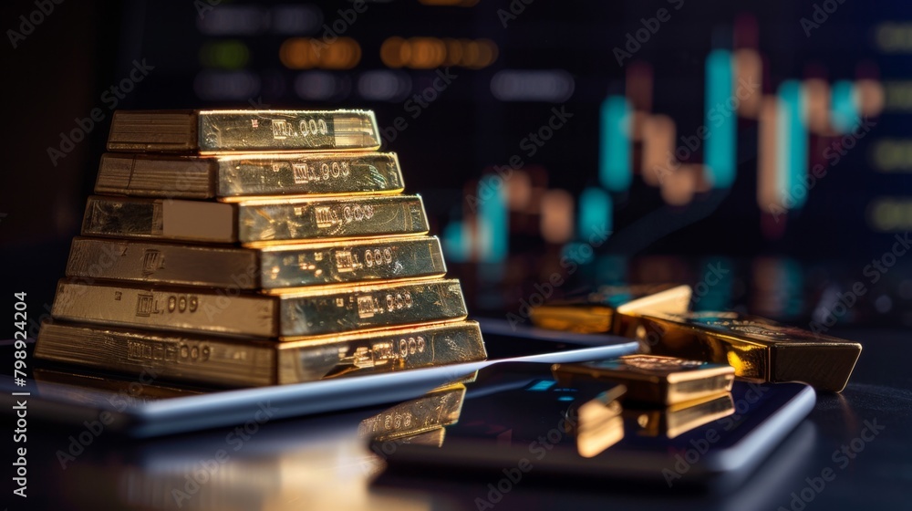 Aufkleber a stack of gold bars with a tablet displaying gold price graphs nearby, representing physical gold a