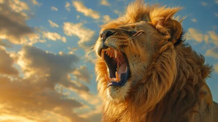 A lion roaring in the wild with its mouth wide open