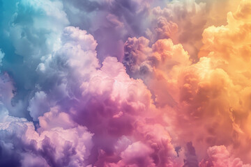 Fluffy clouds in a rainbow spectrum of colors, featuring soft gradients and dreamy shapes. Rainbow cloud textures offer a whimsical and magical backdrop