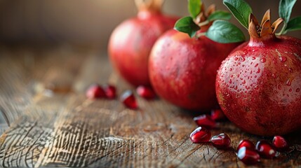 Group of Pomegranates on Wooden Table