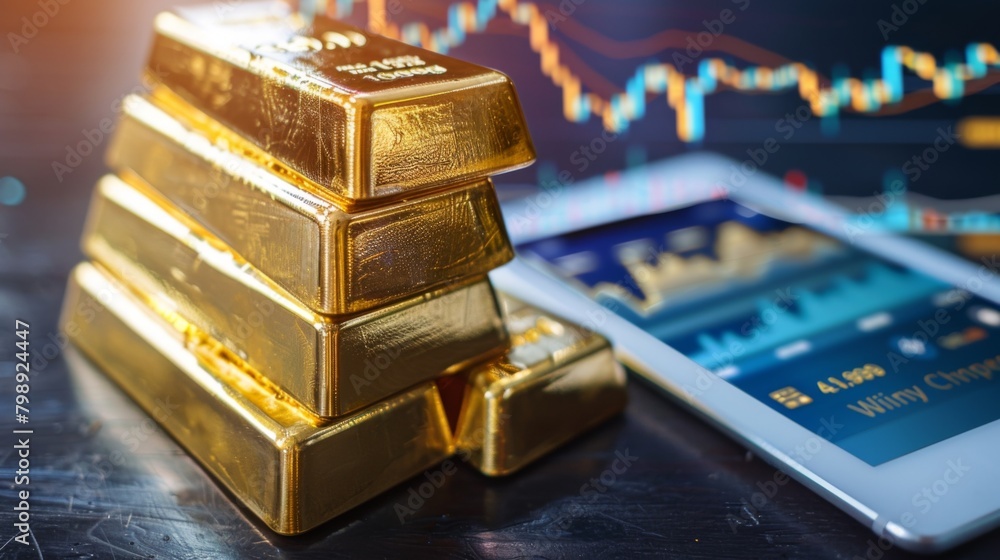 Aufkleber a stack of gold bars with a tablet displaying gold price graphs nearby, representing physical gold a