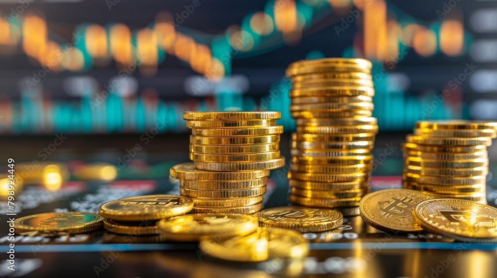 Poster A stack of gold coins and bullions arranged neatly on a desk with price trend graphs in the background.