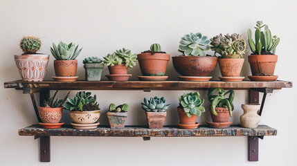 Fototapeta na wymiar A wall-mounted shelf adorned with succulents and decorative pottery, adding life.
