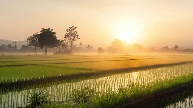 Slow motion rice field at sunset, farmer's agricultural product natural. AI generated.