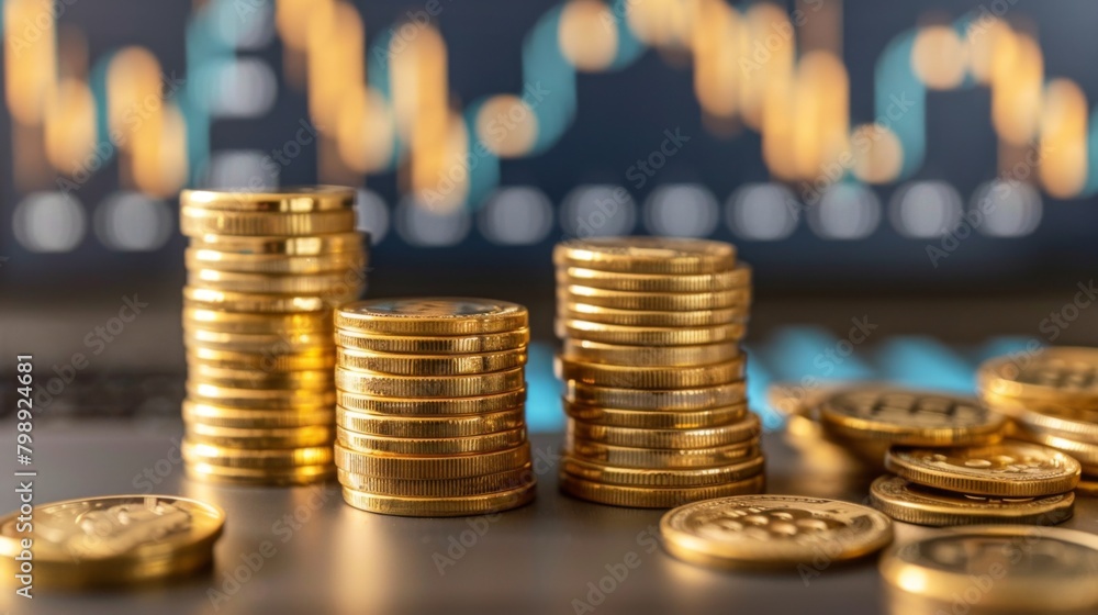 Aufkleber A stack of gold coins and bullions arranged neatly on a desk with price trend graphs in the background.
