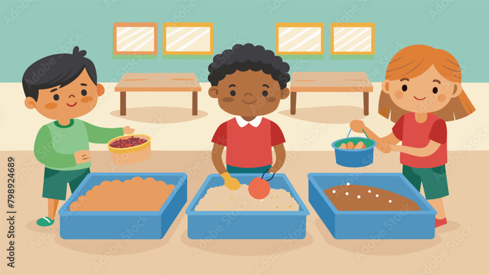 Poster students can create their own sensory bins in the room using different sensory materials such as dri