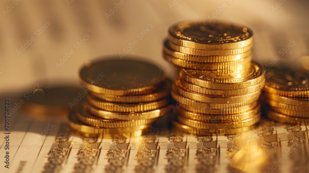 Aufkleber a stack of gold coins on a financial report document, illustrating the relationship between gold ass