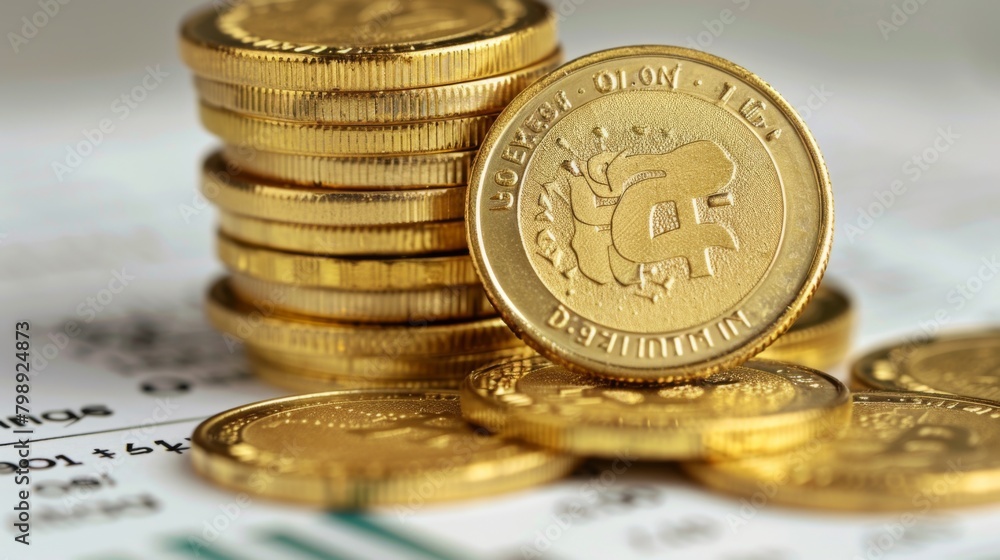 Aufkleber a stack of gold coins on a financial report document, illustrating the relationship between gold ass