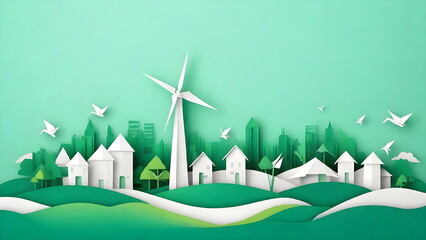 Beautiful Paper-Cut Style Eco-Friendly City with Windmill Concept. Green background