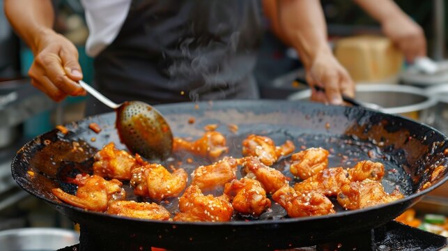 A street food vendor frying up crispy and aromatic Thai chicken wings, a favorite snack among locals and tourists alike.