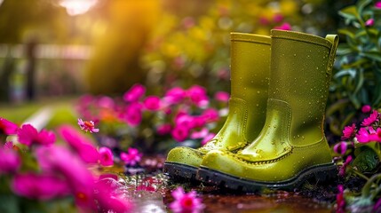 Vivid lime garden boots beside flourishing magenta blooms under bright daylight