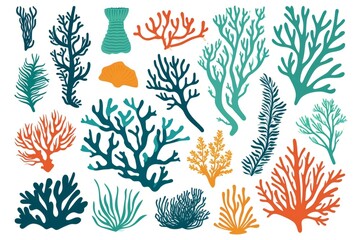 Coral and seaweed clipart set, very cute and simple, cartoon style, in teal, green, orange and blue colors on a white background