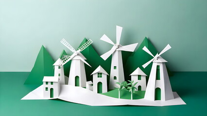 Beautiful Paper-Cut Style Eco-Friendly City, Windmill Concept