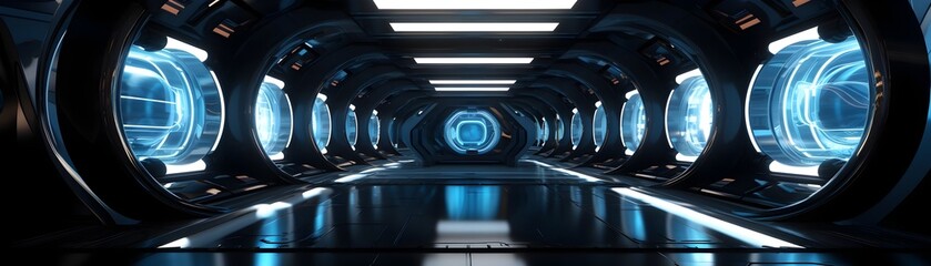 Futuristic Space Station Interior with Geometric Lighting and Metallic Accents