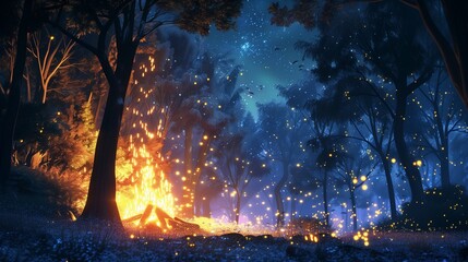 Deep within the heart of a secluded forest, an anime-style bonfire flickers with enchanting brilliance.